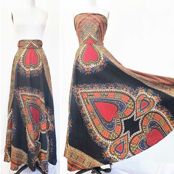 RARE Original 1960s Woodstock Acid-Trip African Dashiki Dress BLK Boho Hippie L - Picture 1 of 14